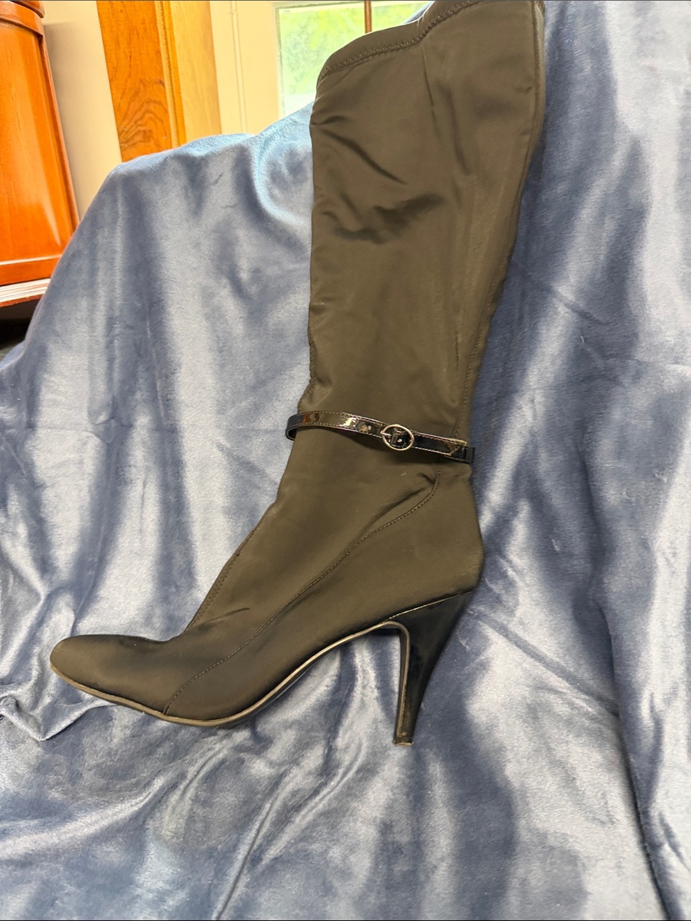 Nine West Black Mid-Calf Stiletto Boot with Patent Ankle Strap